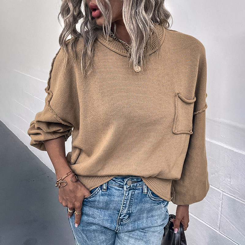 Women's Fashion Casual Solid Color Pocket Knit Sweater