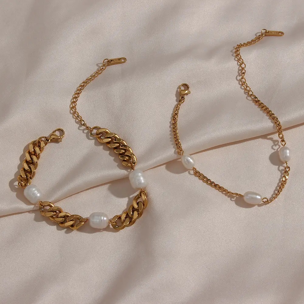 Women Fashion Trend Stainless Steel Cuban Chain Three Pearls Bracelet