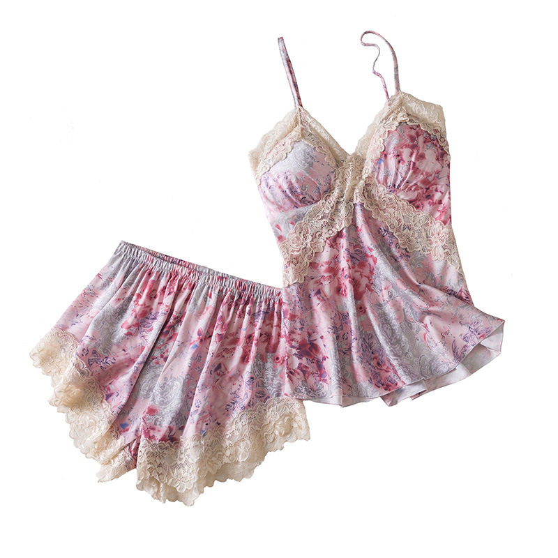 بيجاما صيفية نسائية، قماش حرير جليدي خفيف، فستان نوم شرشف بحواف دانتيل، مطبوع مع وسادة صدر، للمنزل