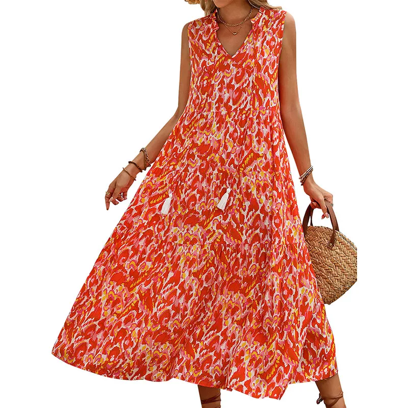 Women's Bohemian Sleeveless Tassel Tie-Dye Maxi Dress Spring Summer Casual Sundress - Red