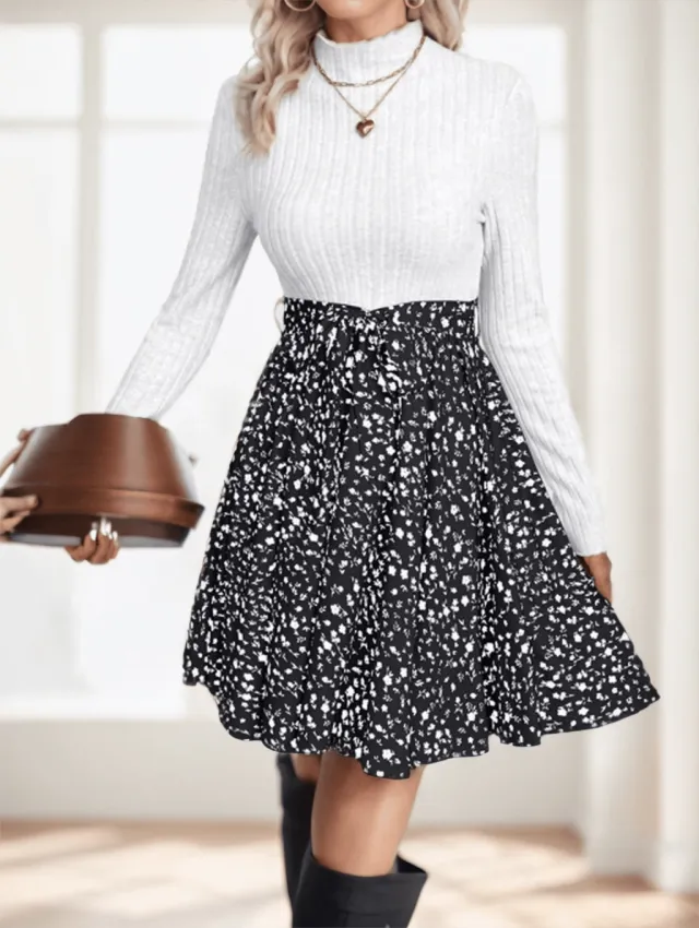 Frenchy Ditsy Floral Print Mock Neck Belted Bottom Top Two Tone A Line Floral Print Dress Black - Shop at LoveMi