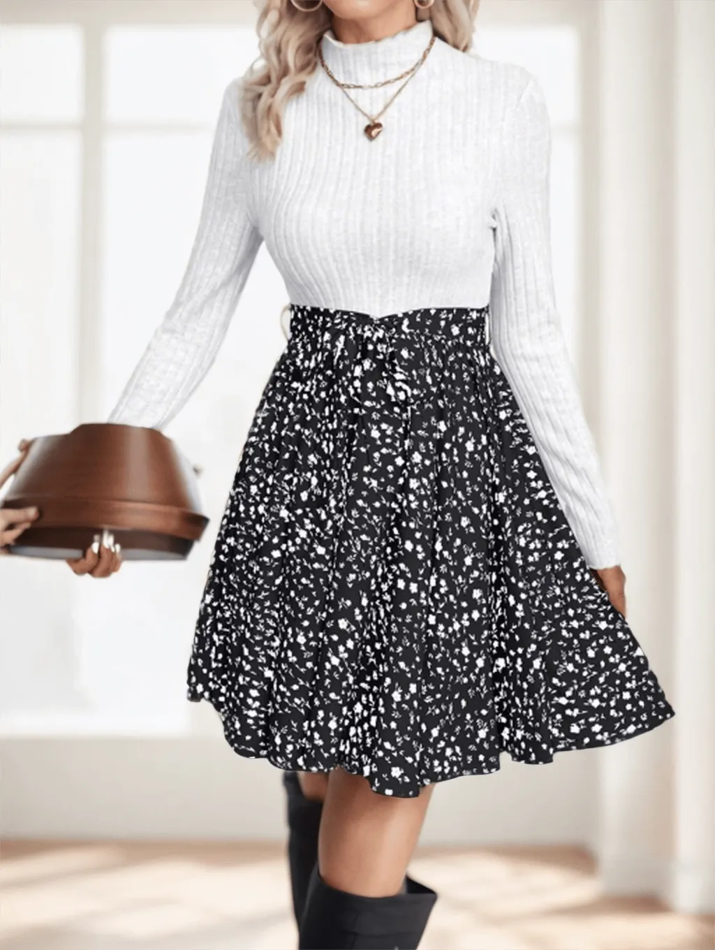 Frenchy Ditsy Floral Print Mock Neck Belted Bottom Top Two Tone A Line Floral Print Dress - Black