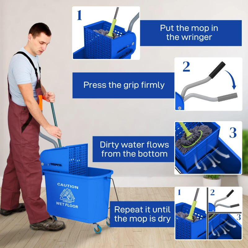 Compact Mop Bucket With Wringer, Mop Bucket On Wheels For Floor Cleaning, 21 Quart, Separate Dirty And Clean Water, Blue