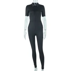 Workwear Pocket Stand Collar All-in-one Trousers Solid Colour Zipper Hip Lifting Jumpsuit - Black - View 1