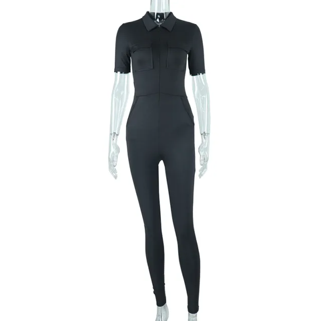 Workwear Pocket Stand Collar All in one Trousers Solid Color Zipper Hip Lifting Jumpsuit Black - Shop at LoveMi