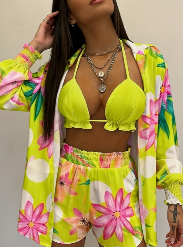 Women's Tropical Retro Floral Print Three-Piece Set
