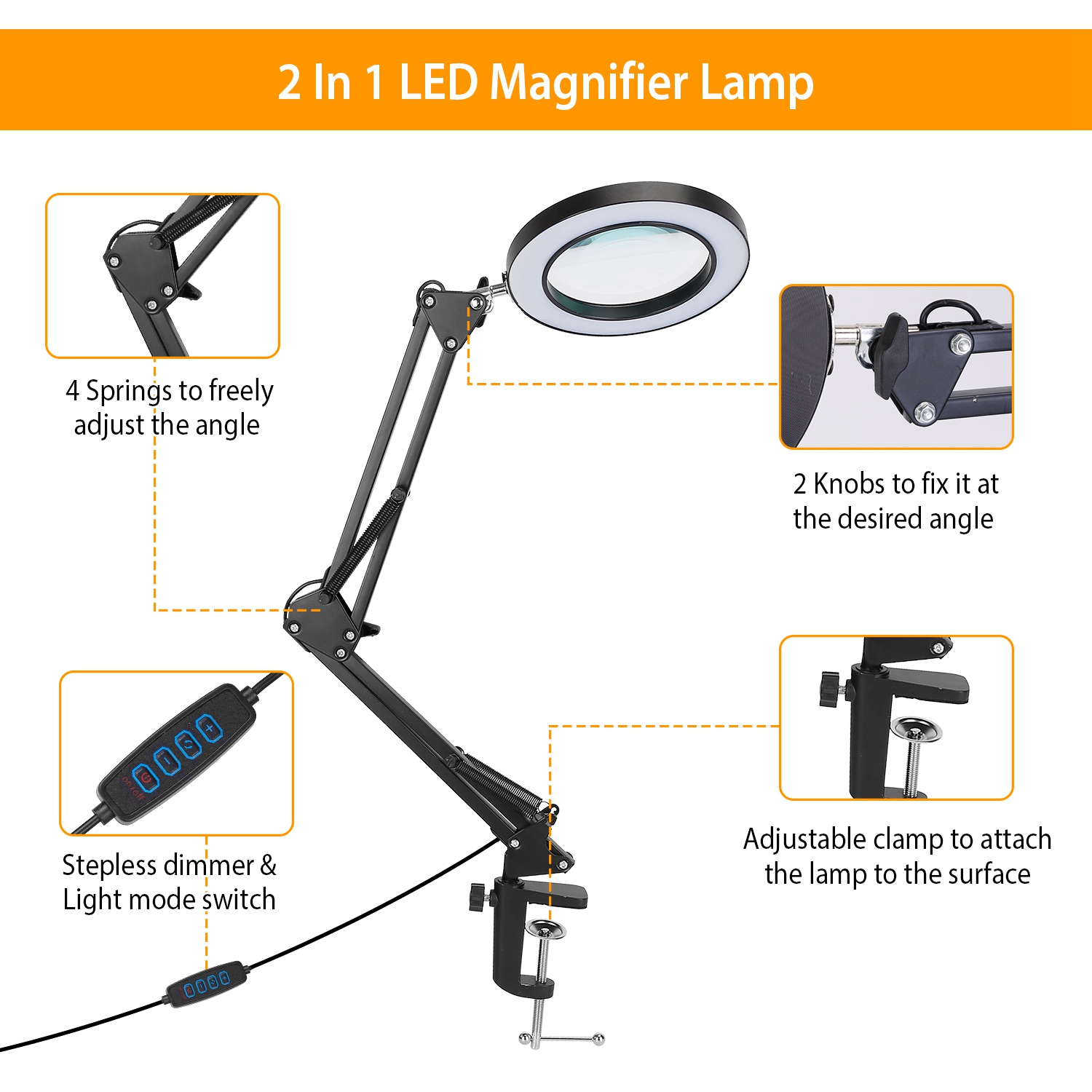 1Pack 2 In 1 LED Magnifier Desk Lamp 8x Magnifying Glass With Light Swing Arm Desk Table Light USB Reading Lamp With Clamp Stand 10 Brightness 3 Modes — foto 5