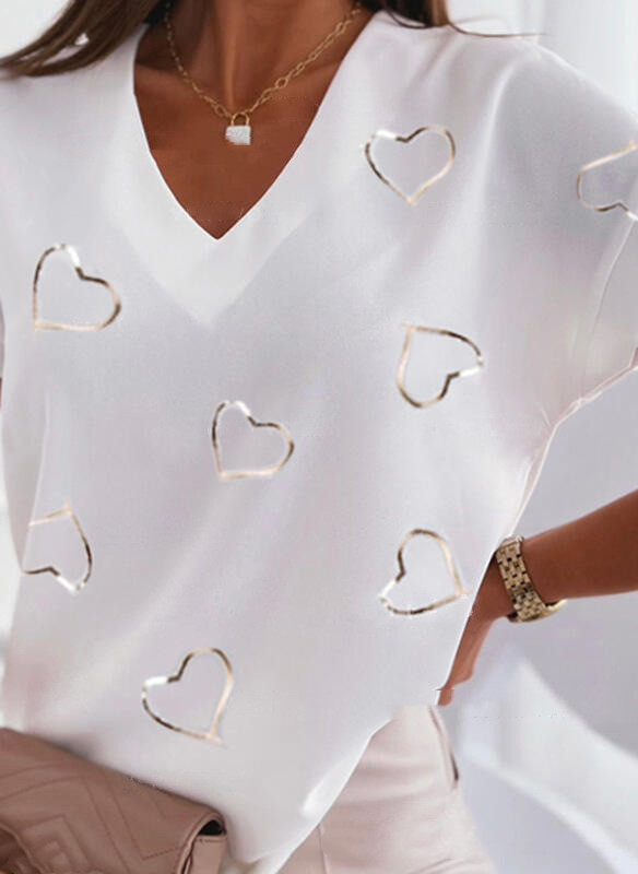 V-neck Heart Print Short-sleeved Women's T-shirt