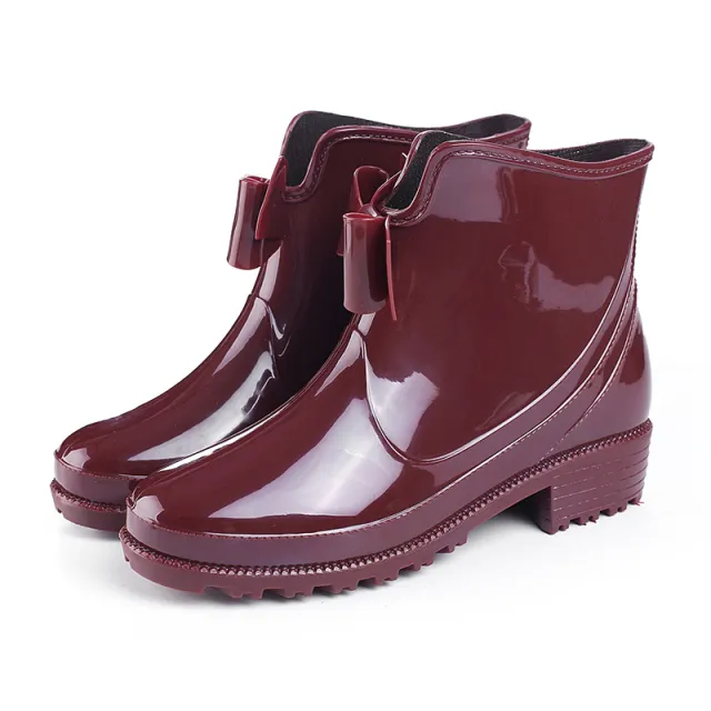 Short Tube Women's Rain Boots Waterproof Non Slip Flat Heeled Plastic Bow Rain Boots Brown - Shop at LoveMi