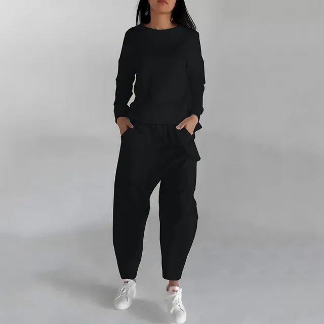 Solid Color Fashion Sweatshirt Long Sleeve Back Slit Top With Pockets Loose Trousers Women's Clothing Black - Shop at LoveMi