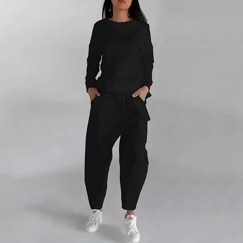 Solid Colour Fashion Sweatshirt Long Sleeve Back Slit Top With Pockets Loose Trousers Women's Clothing - Black