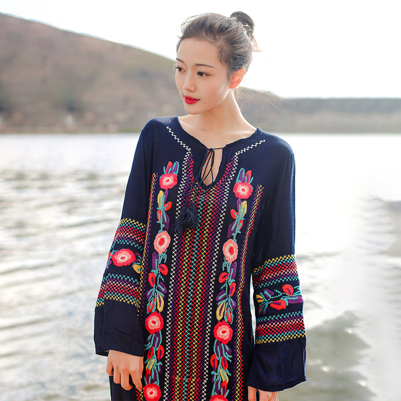 Embroidered Fringed V-Neck Dress, picture 4 of 5