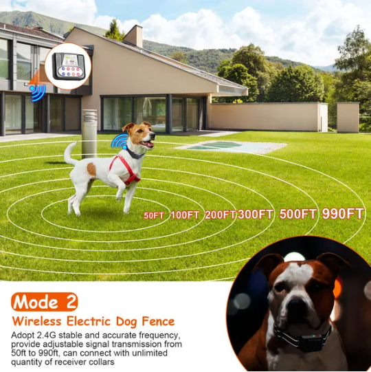 990FT Range Dog Wireless Fence Remote Training Collar IPX6 Waterproof Receiver With 0-9 Levels Beep Vibration Shock Mode 4 Channels Rechargeable Transmitter System