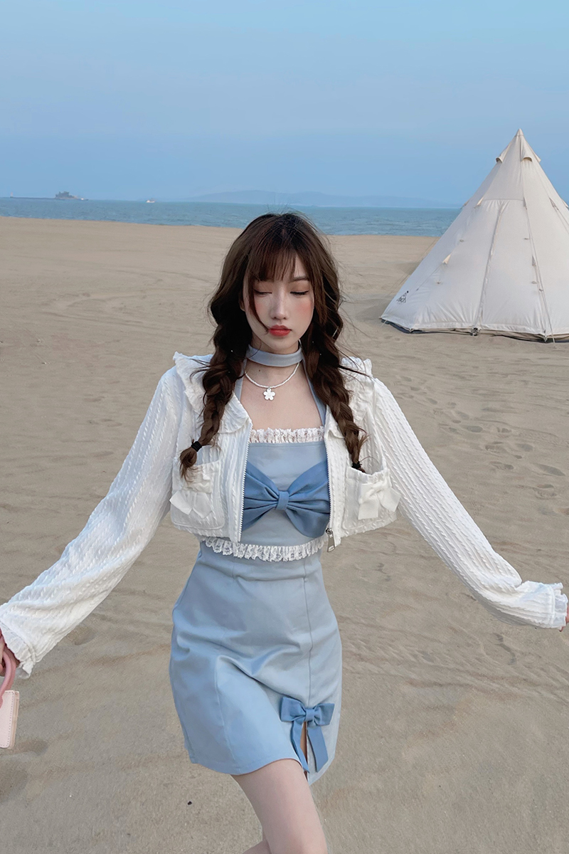 Bow Knot Long Sleeve Knit Short Cardigan Top Zipper Temperament Sweet