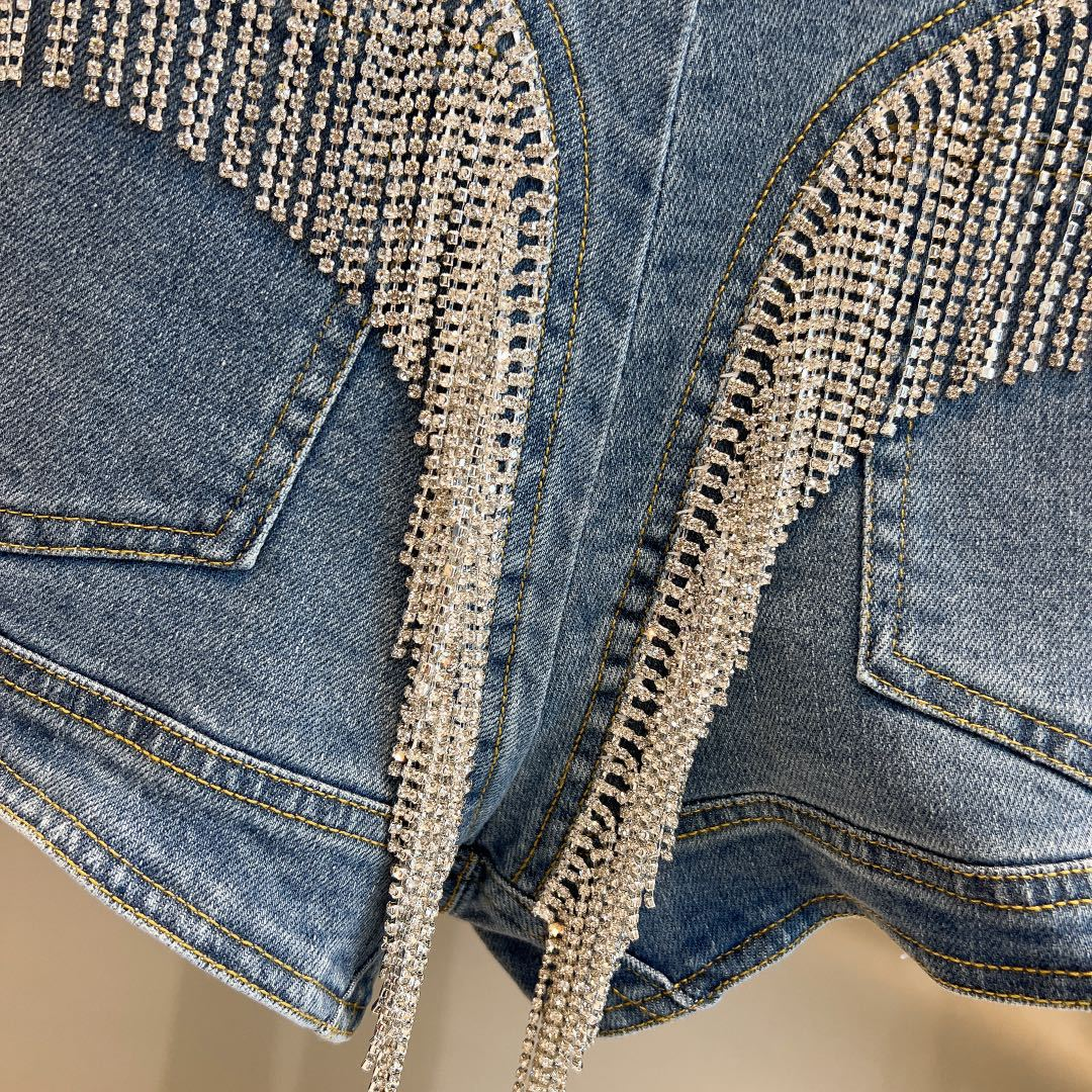 Title 4, Womens Rhinestone Tassel Denim Shorts, the per...