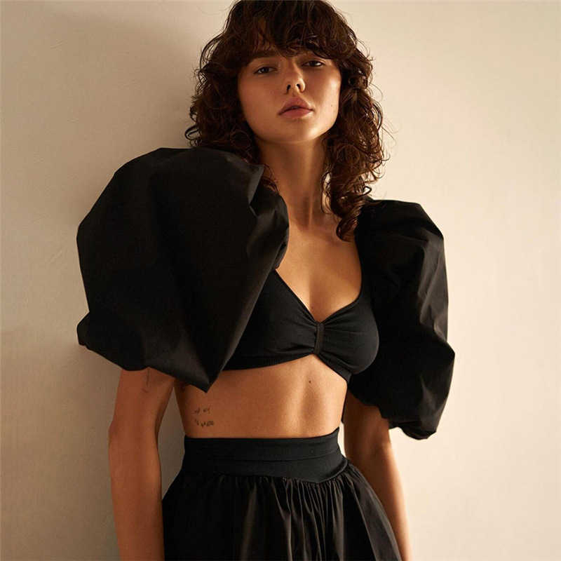 Women's V-neck Lantern Sleeve Short Style Crop Slim T-shirt Female