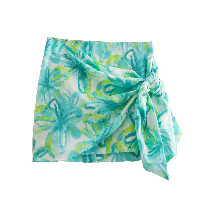 Women's Linen Tropical Print Wrap Mini Skirt