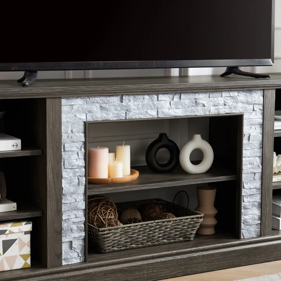 Large TV Stand TV Desk Storage Rack With Faux Stacked Stone Surround,Media Console Table With Large Storage Cabinet,Modern TV Media Entertaionment Stand,GREY, 7
