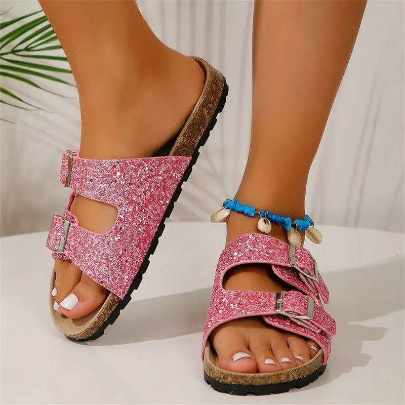 Double Buckle Sandals for Women New Fashion Sequined Beach