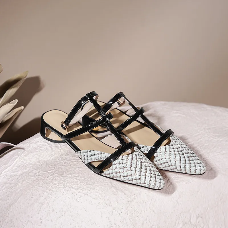 Patent Leather Low Heel Sandals Summer Chunky Toe Buckle Strap - Blue