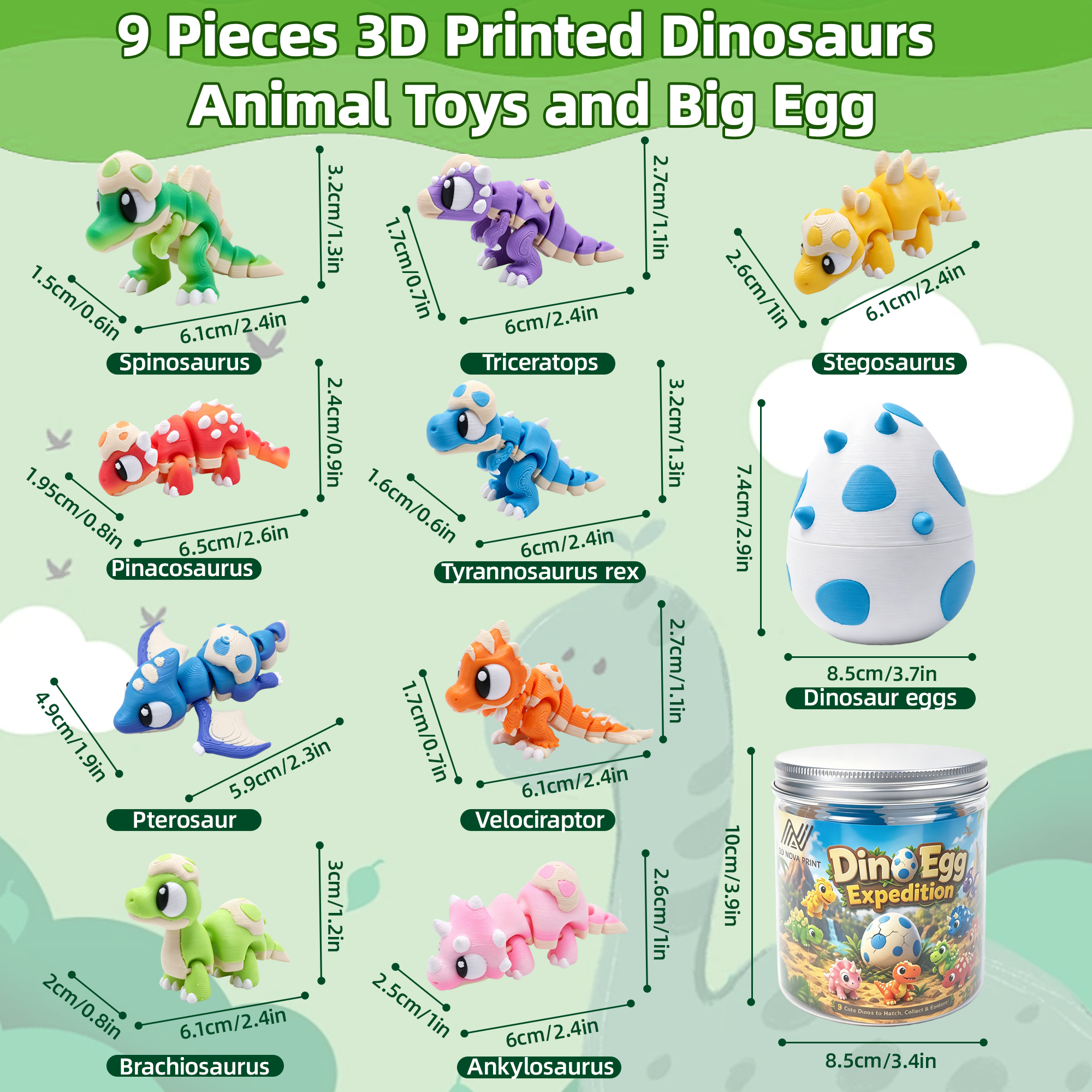 9PCS 3D Printed Mini Dinosaur Figurine Set With Dinosaur Egg & Storage Box, Articulated Dinosaur