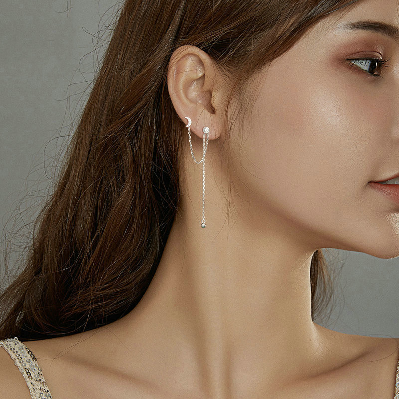 S925 Silver Fantasy Star And Moon Long Tassel Ear Line Earrings