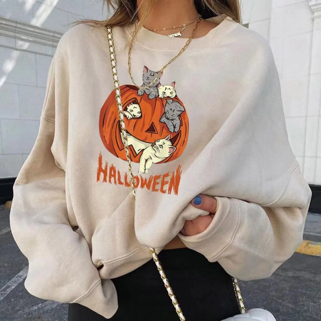 Fashionable Christmas Pumpkin Print Round Neck Long Sleeve - A-M