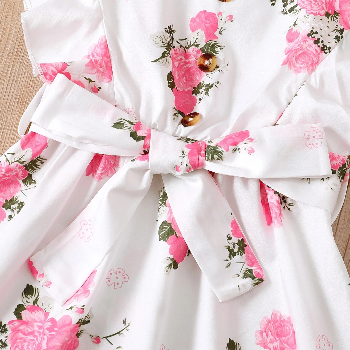 Small And Medium-sized Children's Small Flying Sleeves Ruffled Print Floral Belt Dress