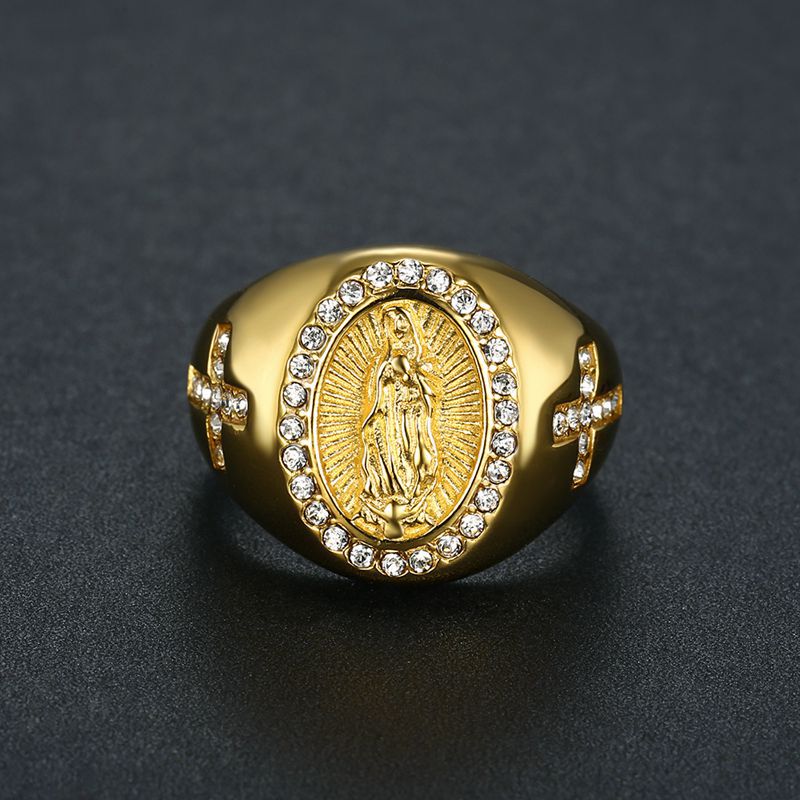 Title 5, Mens Gold Plated Diamond Virgin Mary Ring a sy...