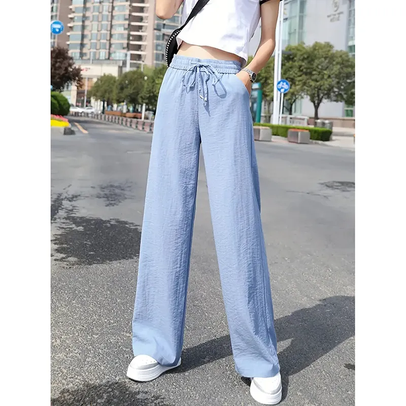Women's Casual Pants Drawstring Elastic Waist Pants Flowy Wide Leg Trousers With Pockets - Blue