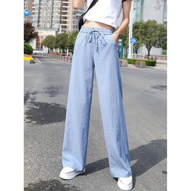 Women's Casual Pants Drawstring Elastic Waist Pants Flowy Wide Leg Trousers With Pockets Blue - Shop at LoveMi