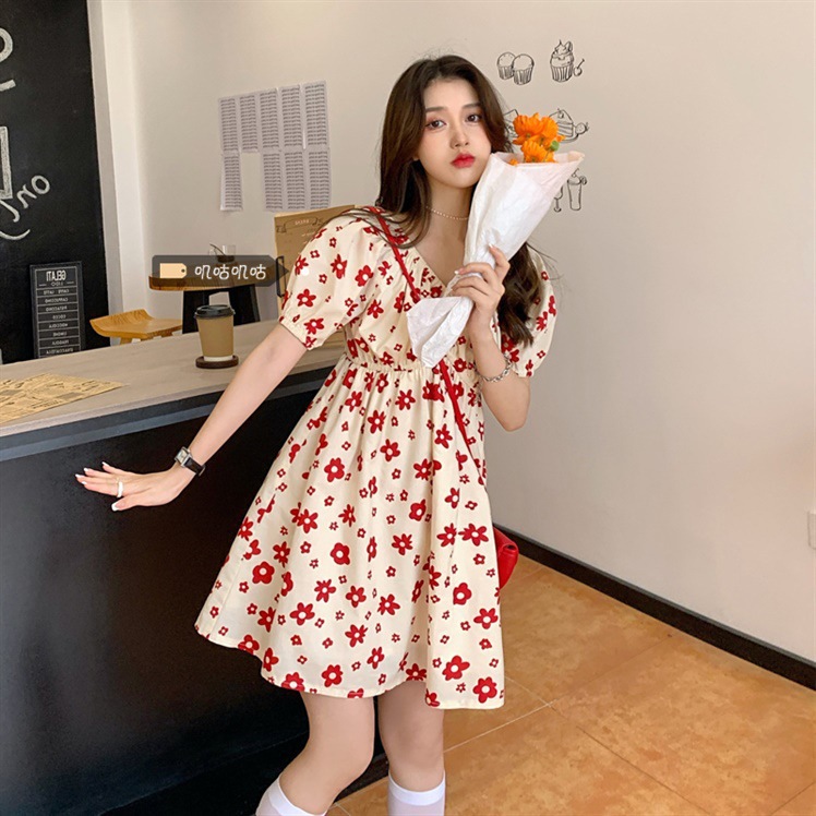 V neck Sweet And Spicy Fried Street Short sleeved Dress Photo Color - Shop at LoveMi