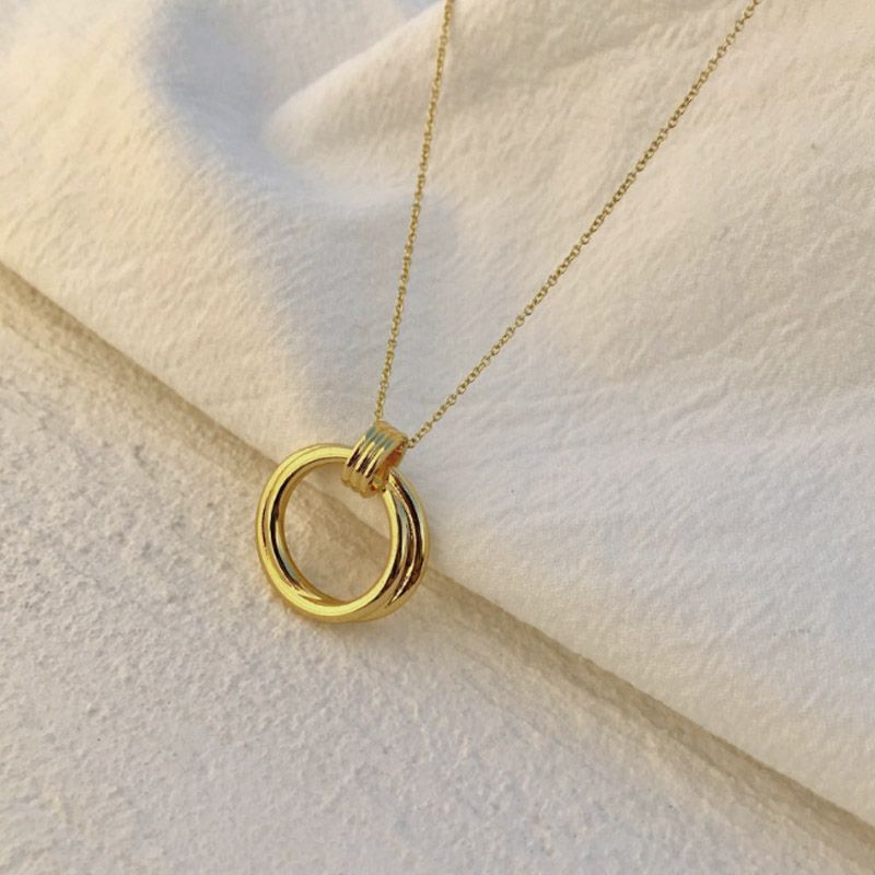 Golden Double Ring Wrap Circle Pendant Titanium Steel Necklace