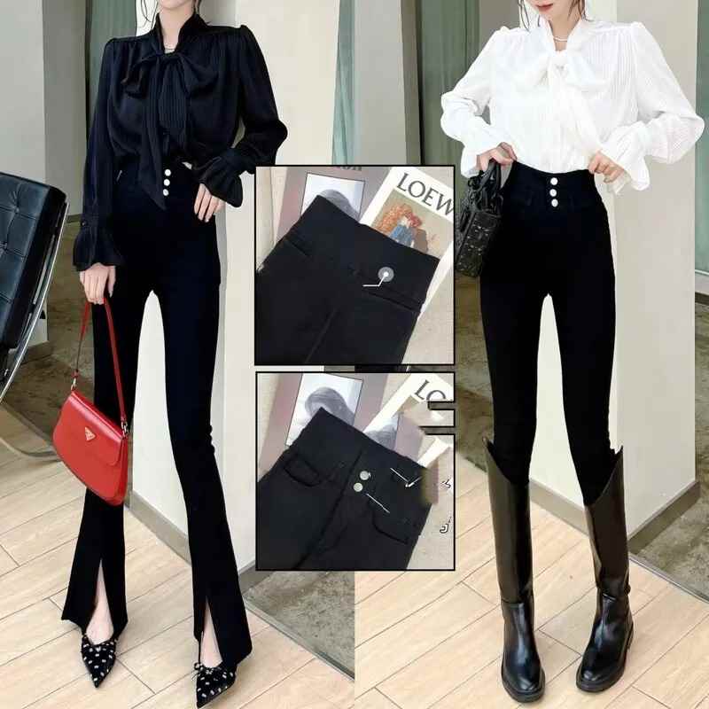 Fine Waist And Abdomen Black Pants Regular Plus Velvet