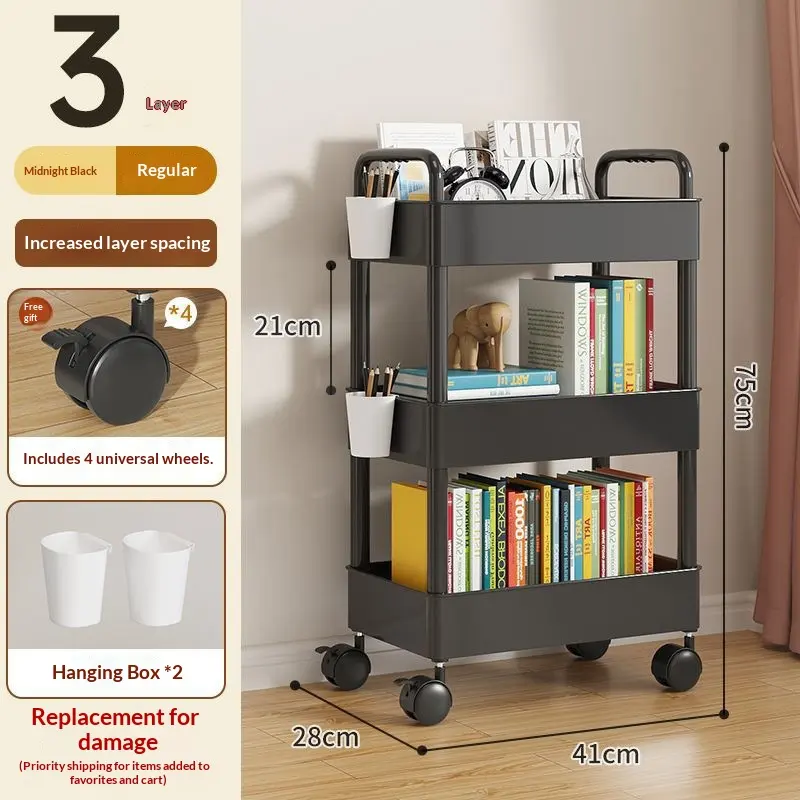 26cm Black-3 Layers-wheels-hooks-hanging Boxes-stickersSmall Cart Storage Rack