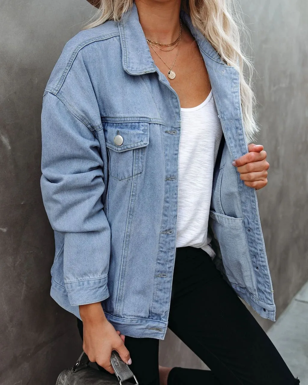 Women's Solid Color Denim Casual Jacket - Blue