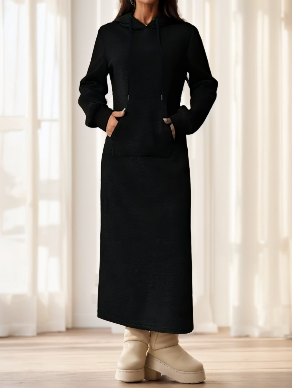 Solid Color Long Sleeved Drawstring Hoodie With Pockets