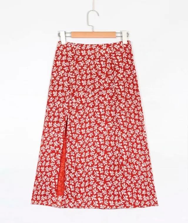 New High Waist Slimming Side Slit Daisy Floral Women Long Skirt Red - Shop at LoveMi