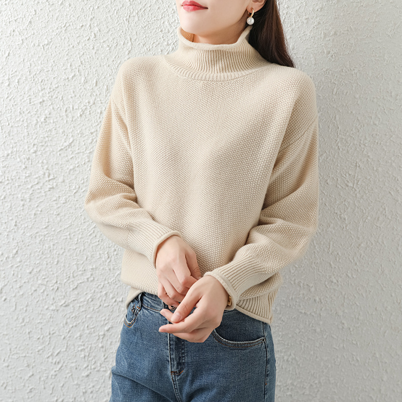 All Wool Pineapple Stitch Sweater Loose Padded High Neck Long Sleeve Pullover Sweater