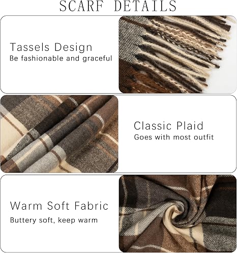 Women's Vintage Plaid Winter Scarf, Oversized Blanket Shawl Wrap With Tassel Fringe 3