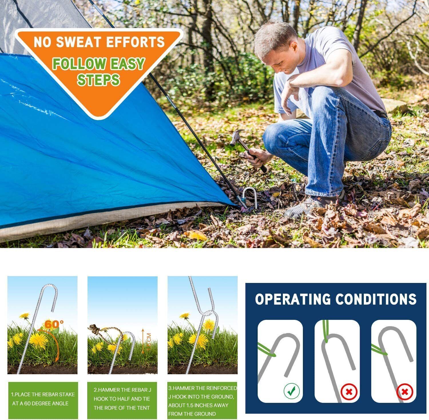 8PCS Heavy Duty Trampoline J-Shaped Metal Wind Stakes Pegs Tent Ground Anchor