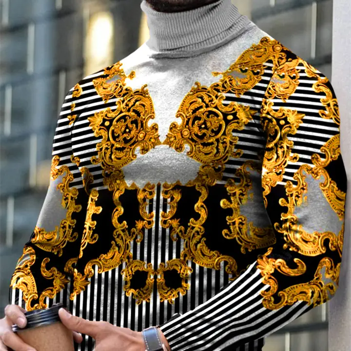 Autumn Winter Men's Long Sleeve Turtleneck T Shirt Printed Casual Top