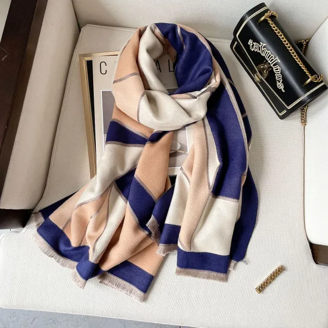Color Block Warm Scarf Shawl Double sided Imitation Cashmere Khaki Navy - Shop at LoveMi