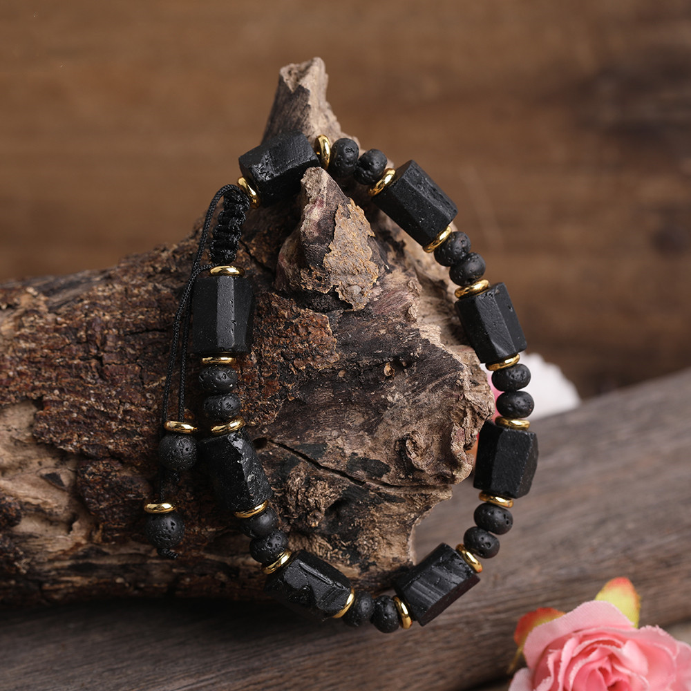 Natural Black Tourmaline Bracelet  Black Lava Beads