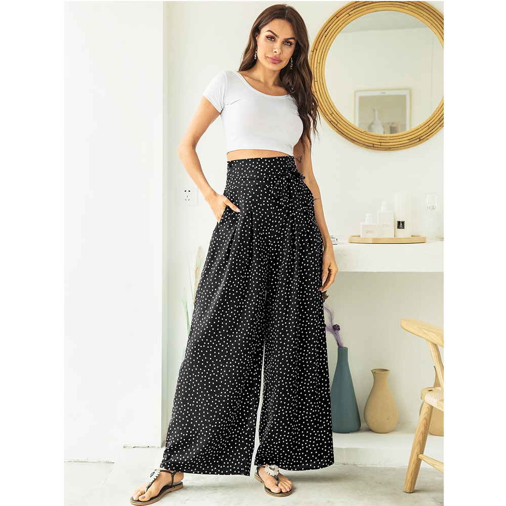 Women's Fashion Polka Dot Waist Wide Leg Casual Pants White - Shop at LoveMi