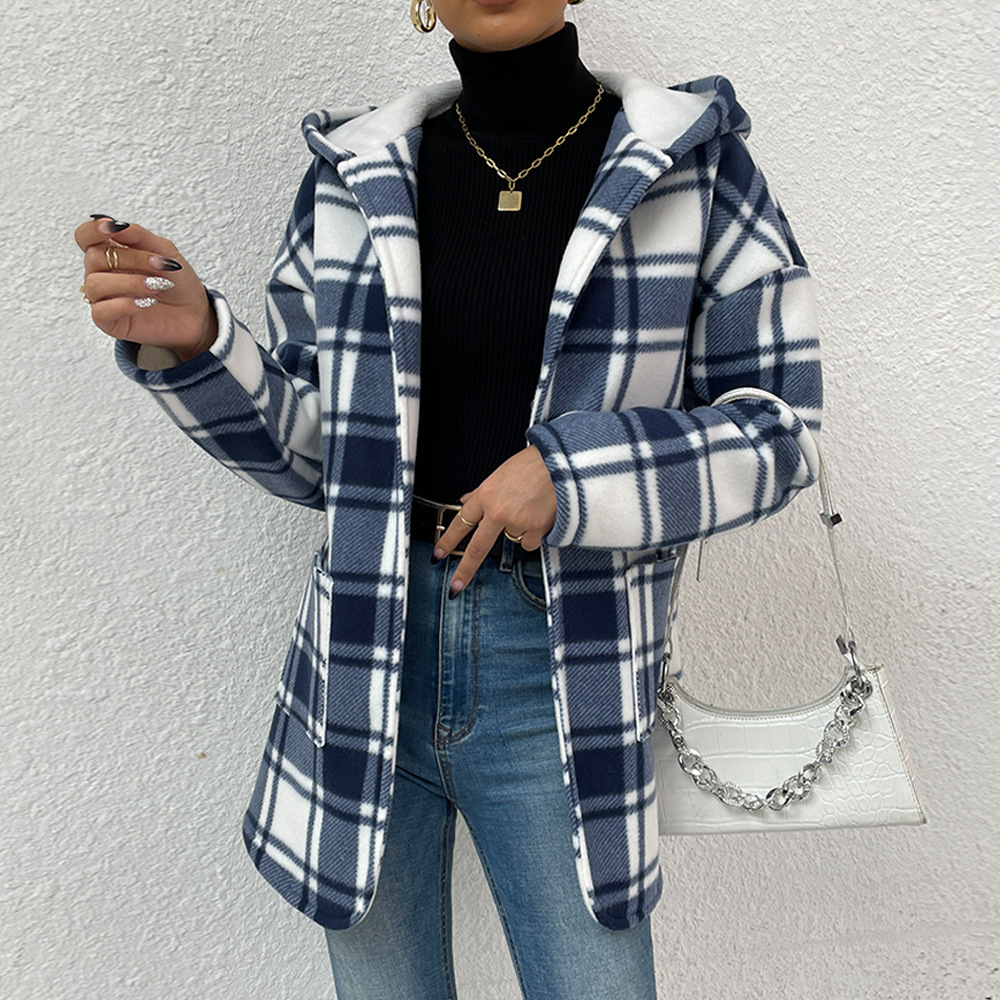 Women's Long Sleeve Hooded Plaid Cardigan Mid length Blazer Blue - Shop at LoveMi
