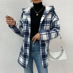 Women's Long Sleeve Hooded Plaid Cardigan Mid-length Blazer - Blue - View 1