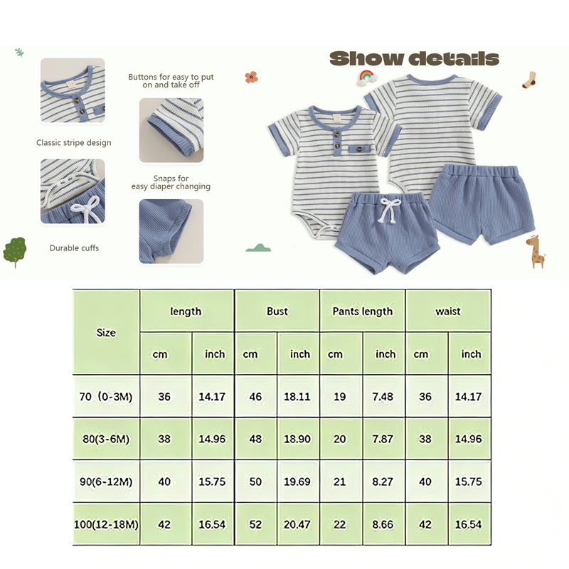 Baby Boy Summer Clothes Button Short Sleeve Romper Bodysuit Shorts Set Infant Soft Waffle Outfit