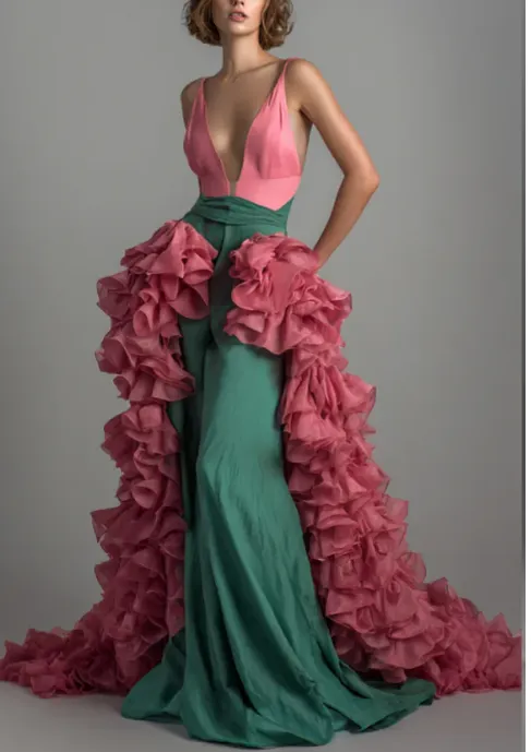 Two Tone Deep V Gown With Detachable Cascading Ruffle Train Pinkgreen - Shop at LoveMi