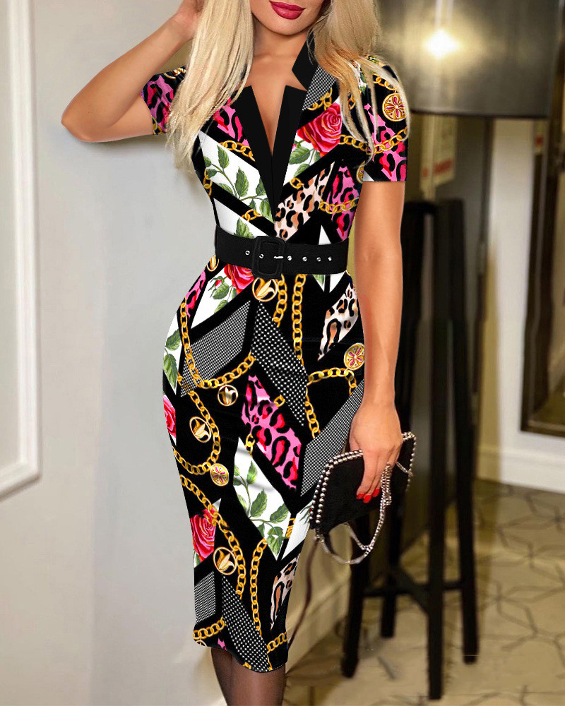 Women's New Style Printed Long-sleeved Waist Dress With Tie And Belt - 8